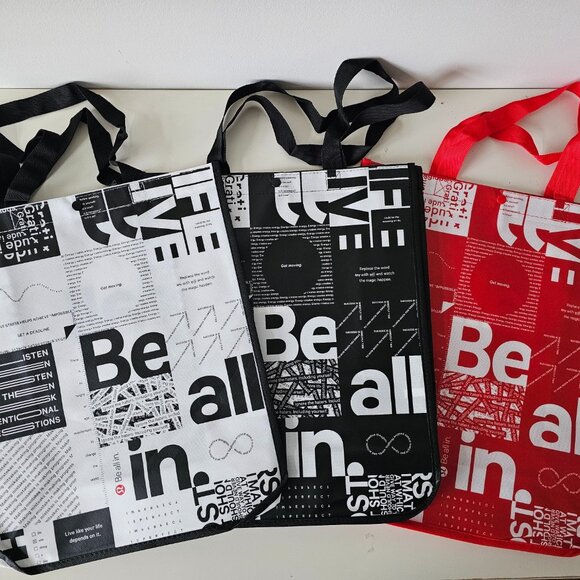 3 x New LULULEMON Black White Red BE ALL IN Reusable Shopping Bags Large - Picture 1 of 7